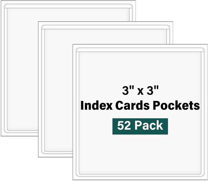 Ohuimrt 52 Pack Clear Adhesive 3" x 3" Index Card Pockets With Top Open, Plastic Card Sleeves Index Card Holder for Organizing Storage Bins, Library Cards, Notes, Drawer - Image 1